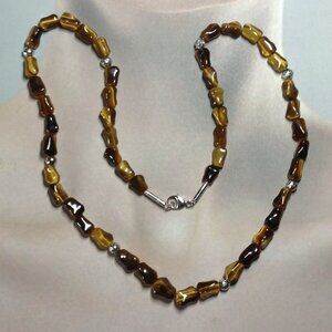 Natural Tiger Eye Gemstones and Silver Beads Necklace